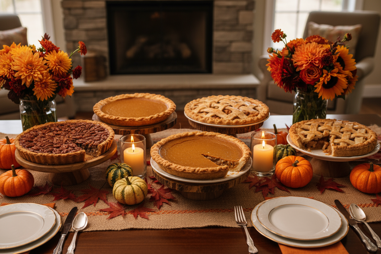 thanksgiving pies on a decorated table